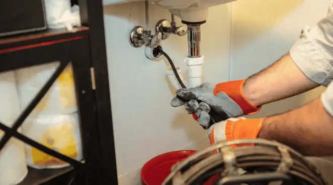 Drain cleaning technician using a motorized plumbing snake to clear a clogged sink pipe in Charleston, SC